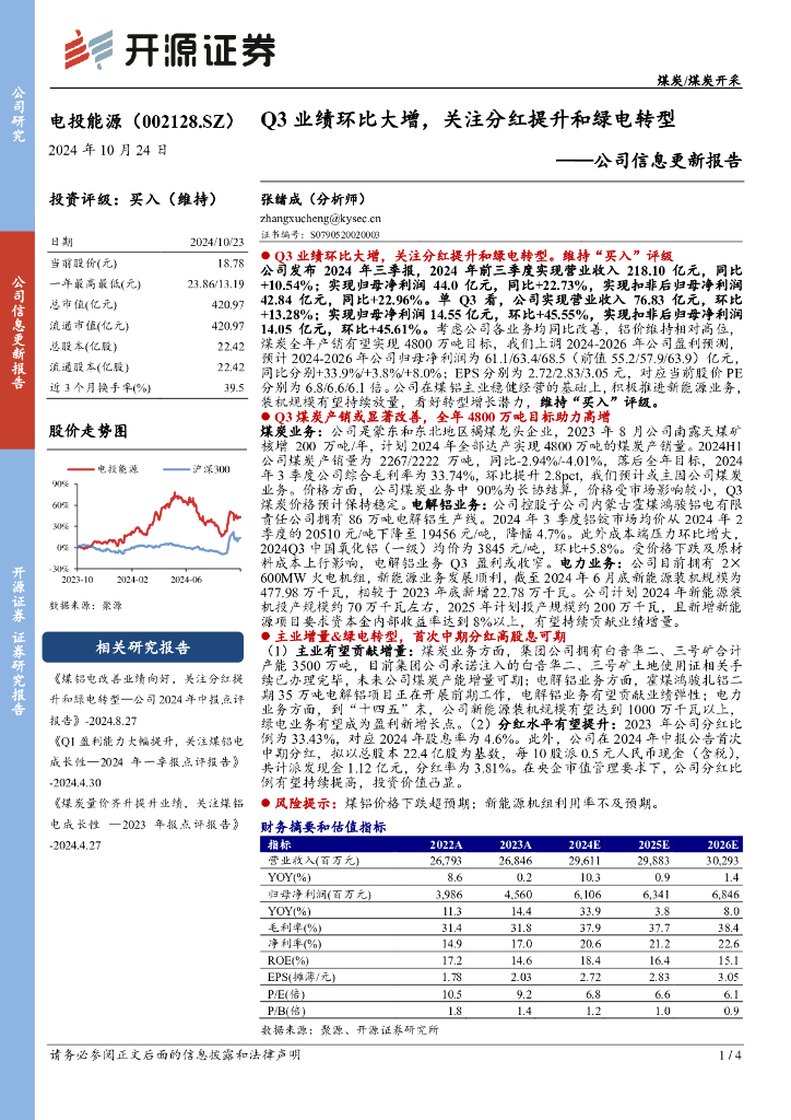 开源证券：电投能源（002128）-公司信息更新报告：Q3业绩环比大增，关注分红提升和绿电转型