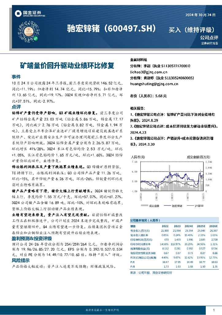 国金证券：驰宏锌锗（600497）-矿端量价回升驱动业绩环比修复