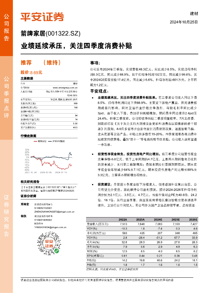 平安证券：箭牌家居（001322）-业绩延续承压，关注四季度消费补贴