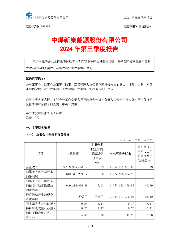 601918-新集<em>能源</em>：新集<em>能源</em>2024年第三季度报告 海报