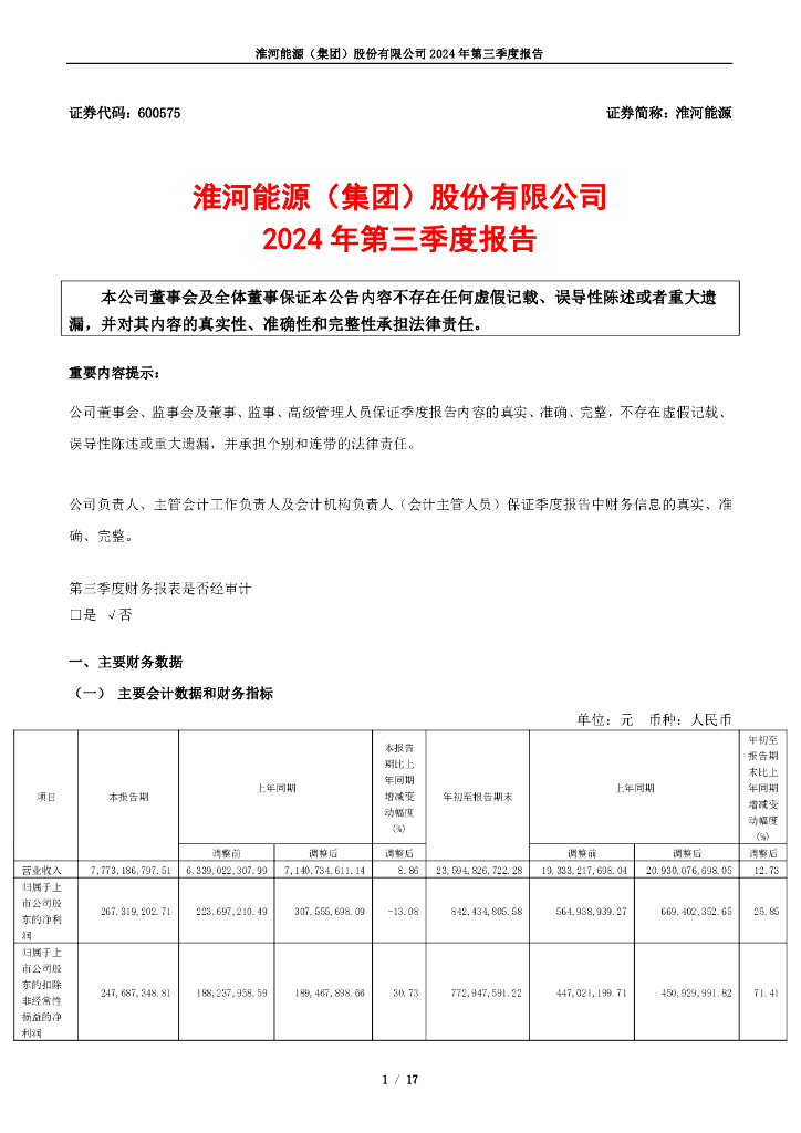 600575-淮河<em>能源</em>：淮河<em>能源</em>(集团)股份有限公司2024年第三季度报告 海报