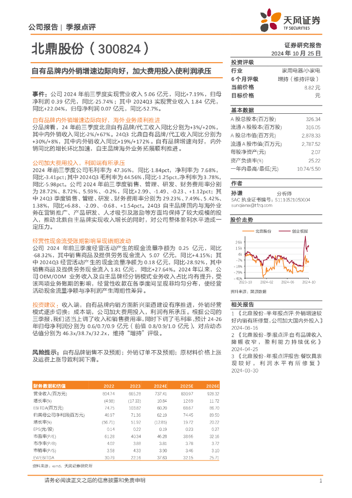 天风证券：北鼎股份（300824）-自有品牌内外销增速边际向好，加大费用投入使利润承压