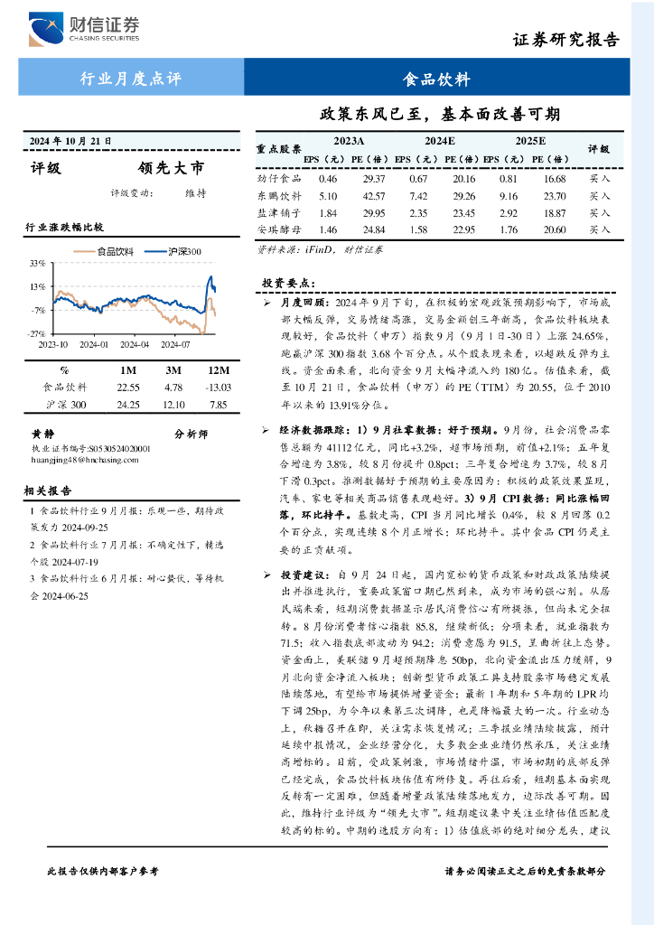 财信证券：食品饮料行业月度点评：政策东风已至，基本面改善可期