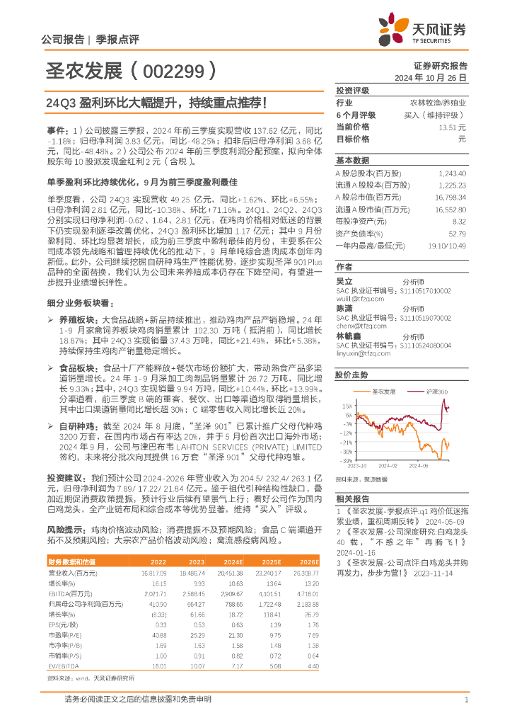 天风证券：圣农发展（002299）-24Q3盈利环比大幅提升，持续重点推荐！