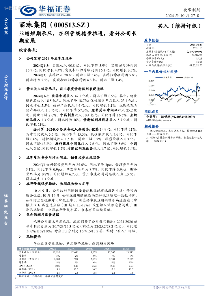 华福证券：丽珠集团（000513）-业绩短期承压，在研管线稳步推进，看好公司长期发展