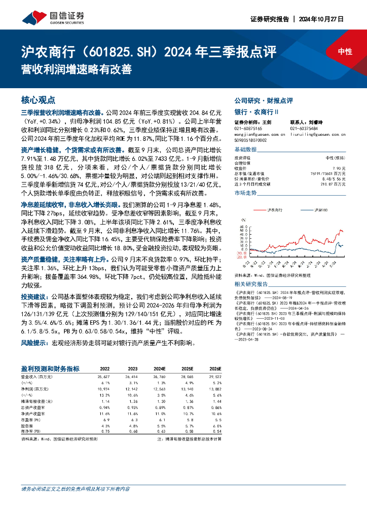 国信证券：沪农商行（601825）-2024年三季报点评：营收利润增速略有改善