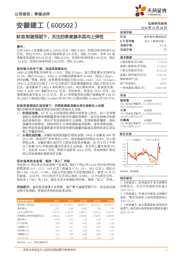 天风证券：安徽建工（600502）-财政刺激预期下，关注四季度基本面向上弹性