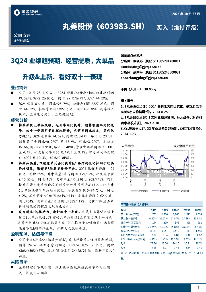 国金证券：丸美股份（603983）-3Q24业绩超预期、经营提质，大单品升级&上新、看好双十一表现