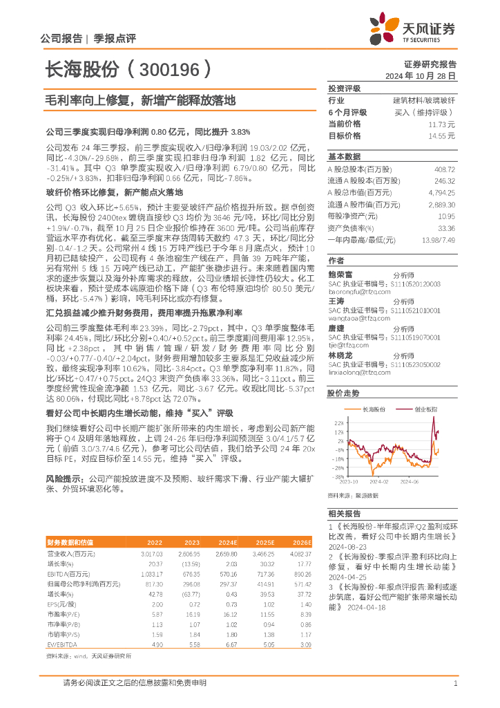 天风证券：长海股份（300196）-毛利率向上修复，新增产能释放落地
