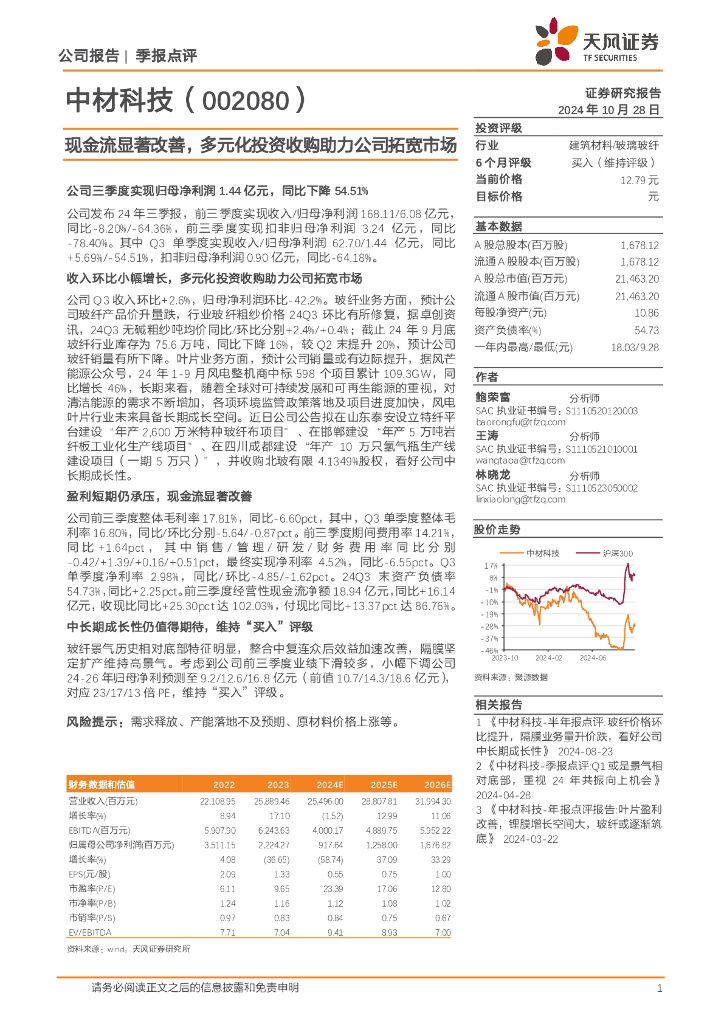 天风证券：中材科技（002080）-现金流显著改善，多元化投资收购助力公司拓宽市场