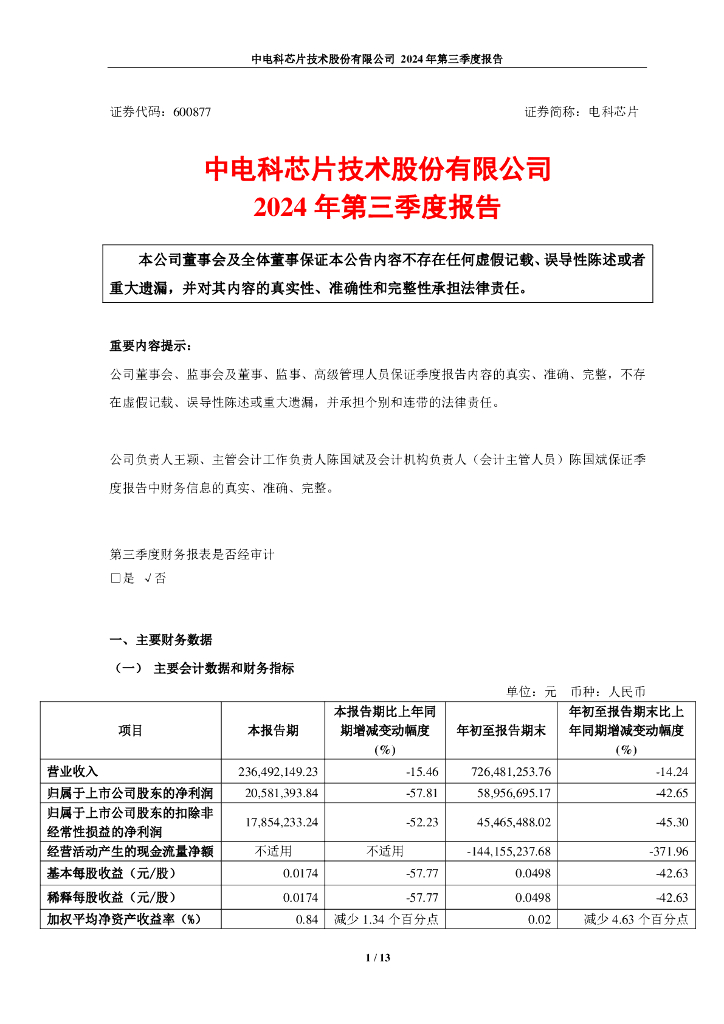 600877-电科<em>芯片</em>:中电科<em>芯片</em>技术股份有限公司2024年第三季度报告 海报