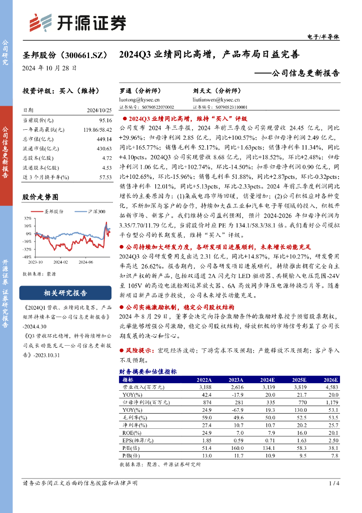 开源证券：圣邦股份（300661）-公司信息更新报告：2024Q3业绩同比高增，产品布局日益完善