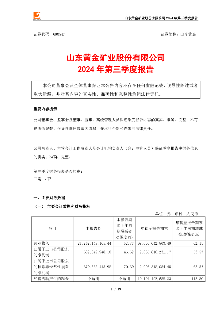 600547-山东<em>黄金</em>：山东<em>黄金</em>矿业股份有限公司2024年第三季度报告