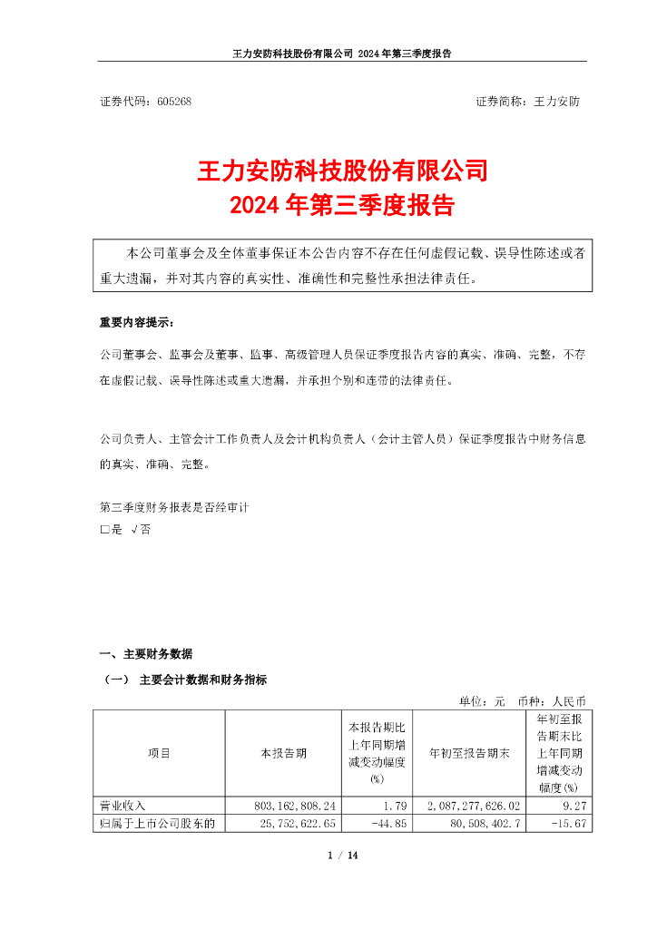 605268-王力<em>安防</em>：王力<em>安防</em>2024年第三季度报告