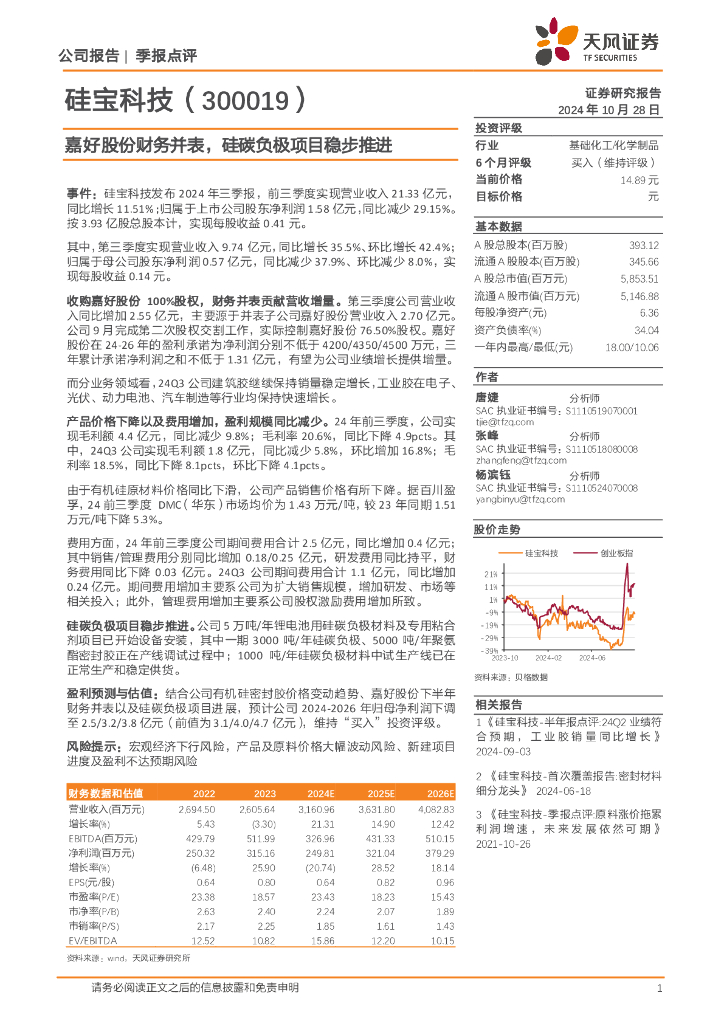 天风证券：硅宝科技（300019）-嘉好股份财务并表，硅碳负极项目稳步推进