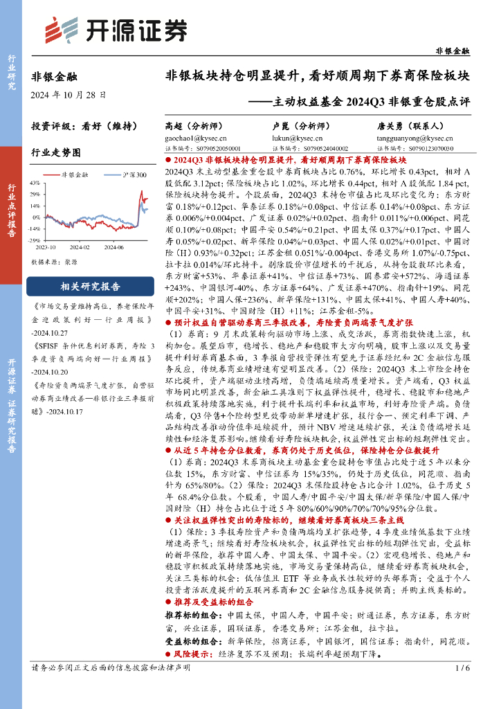 开源证券：非银金融行业主动权益基金2024Q3非银重仓股点评：非银板块持仓明显提升，看好顺周期下券商保险板块