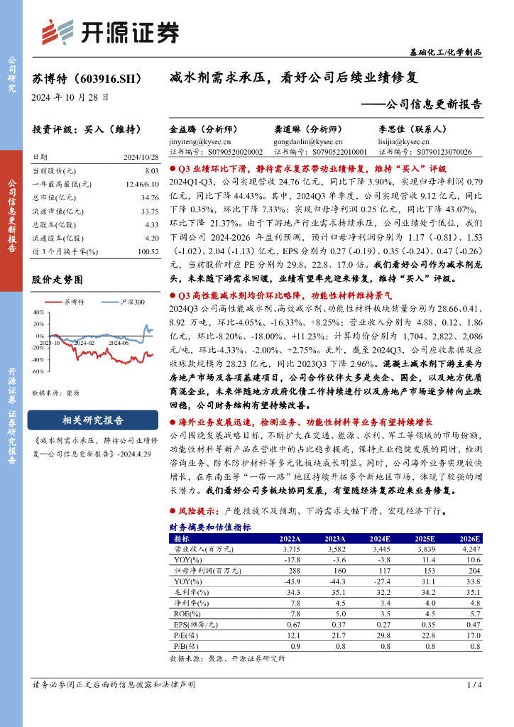 开源证券：苏博特（603916）-公司信息更新报告：减水剂需求承压，看好公司后续业绩修复