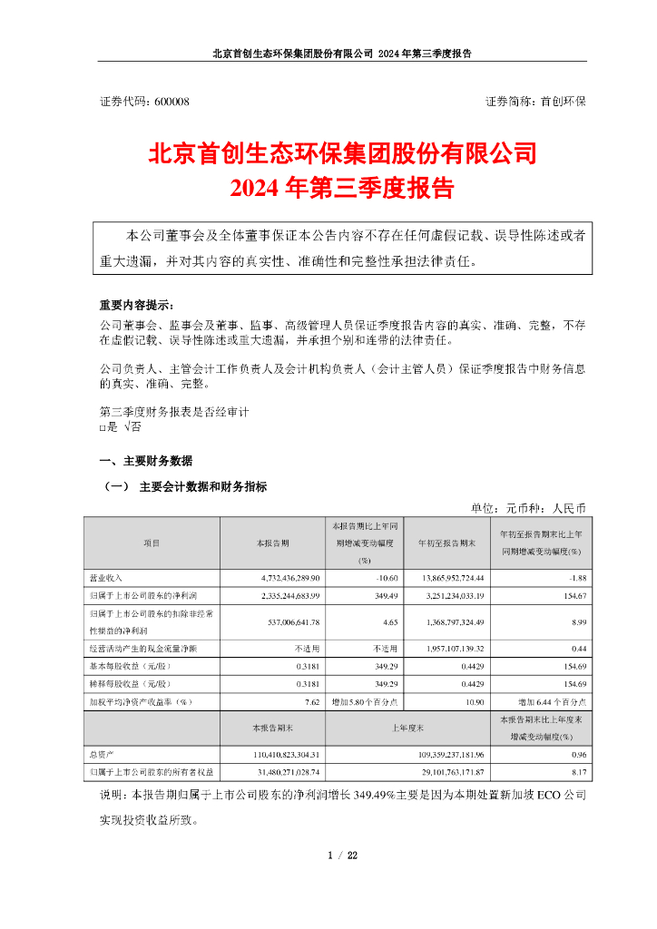 600008-首创<em>环保</em>：首创<em>环保</em>2024年第三季度报告