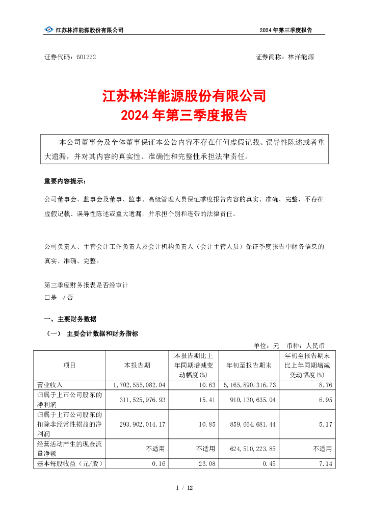 601222-林洋<em>能源</em>：江苏林洋<em>能源</em>股份有限公司2024年第三季度报告 海报