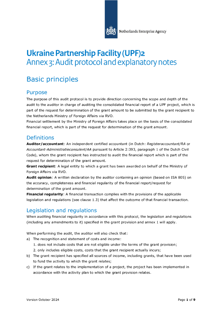 荷兰企业局（RVO）：2024年乌克兰伙伴关系设施（UPF）2附件3：审计协议和说明笔记报告（英文版）
