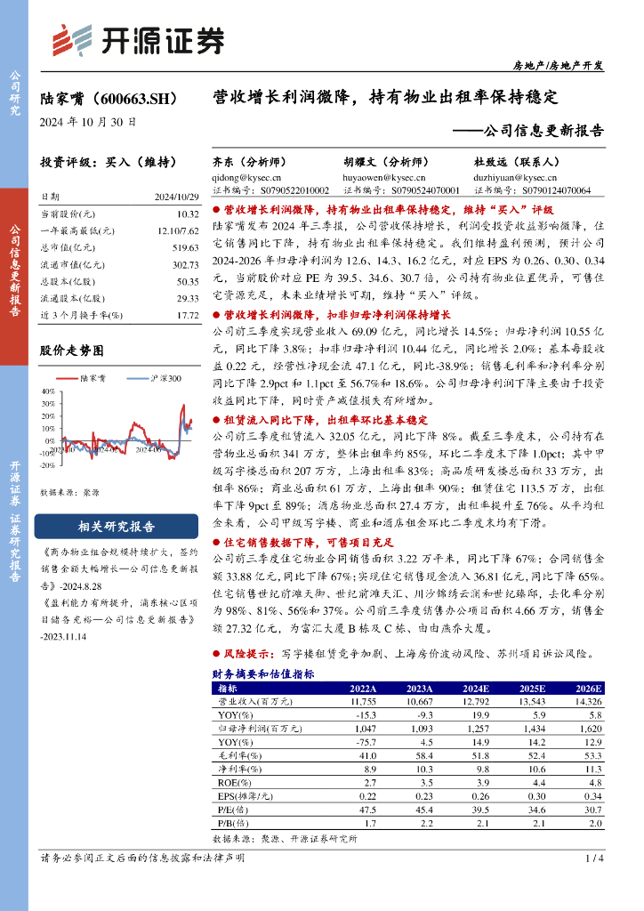 开源证券：陆家嘴（600663）-公司信息更新报告：营收增长利润微降，持有物业出租率保持稳定