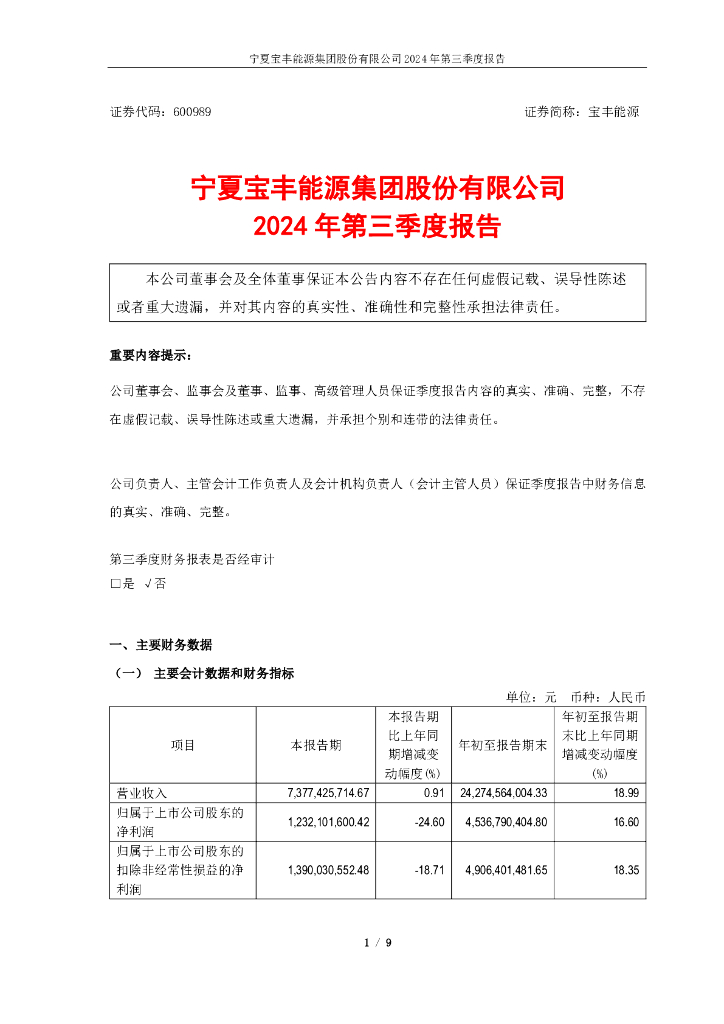 600989-宝丰<em>能源</em>：宁夏宝丰<em>能源</em>集团股份有限公司2024年第三季度报告 海报