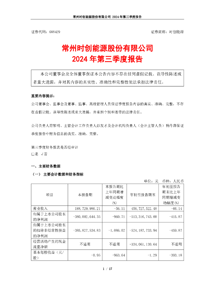 688429-时创<em>能源</em>：常州时创<em>能源</em>股份有限公司2024年第三季度报告 海报