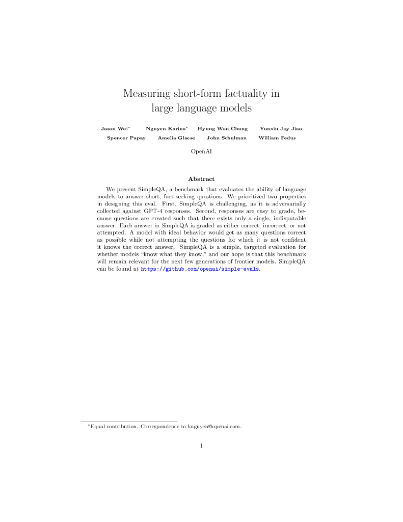 OpenAI 开源 SimpleQA 新基准论文：Measuring short-form factuality in large language models