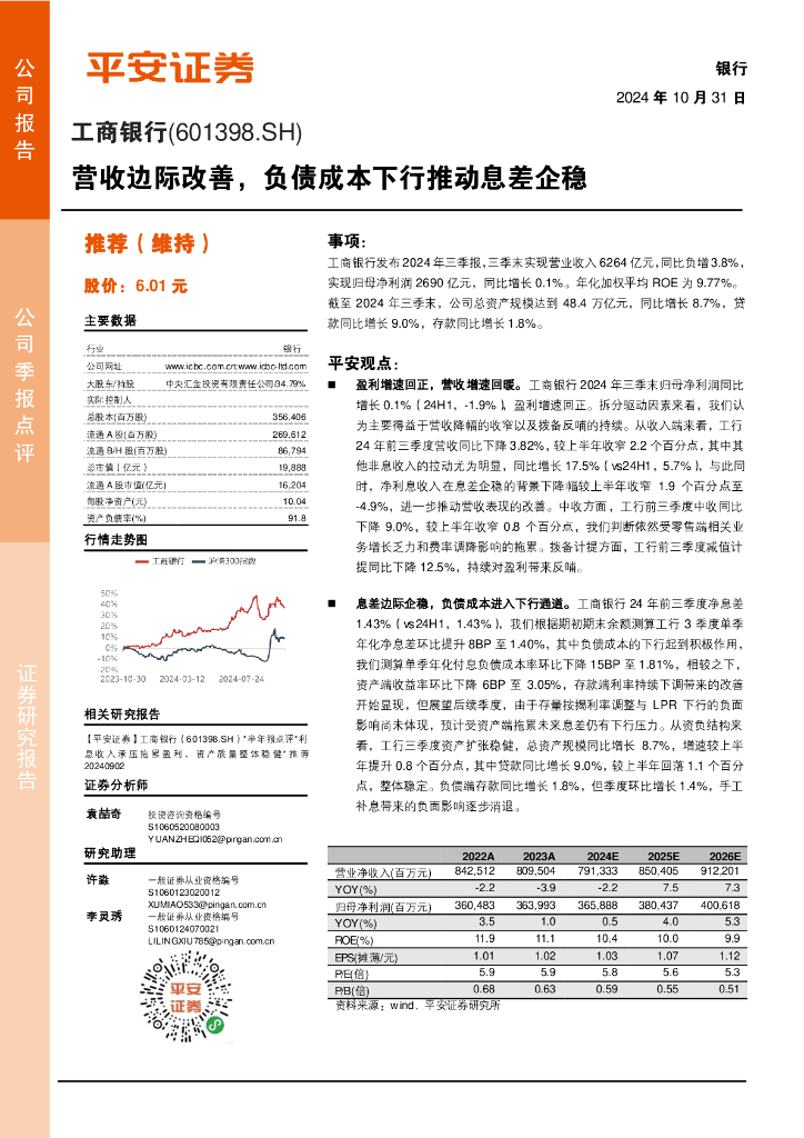 平安证券：工商银行（601398）-营收边际改善，负债成本下行推动息差企稳