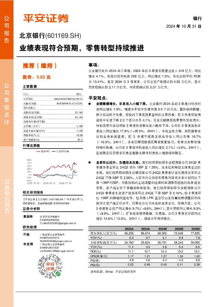 平安证券：北京银行（601169）-业绩表现符合预期，零售转型持续推进