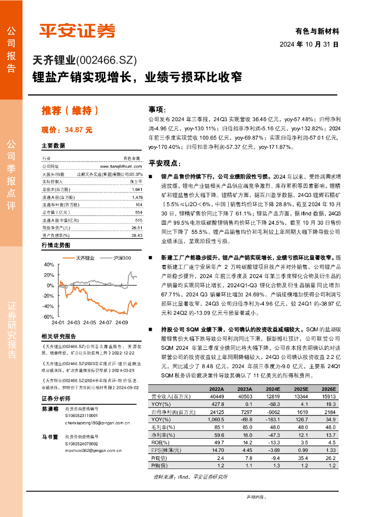 平安证券：天齐锂业（002466）-锂盐产销实现增长，业绩亏损环比收窄