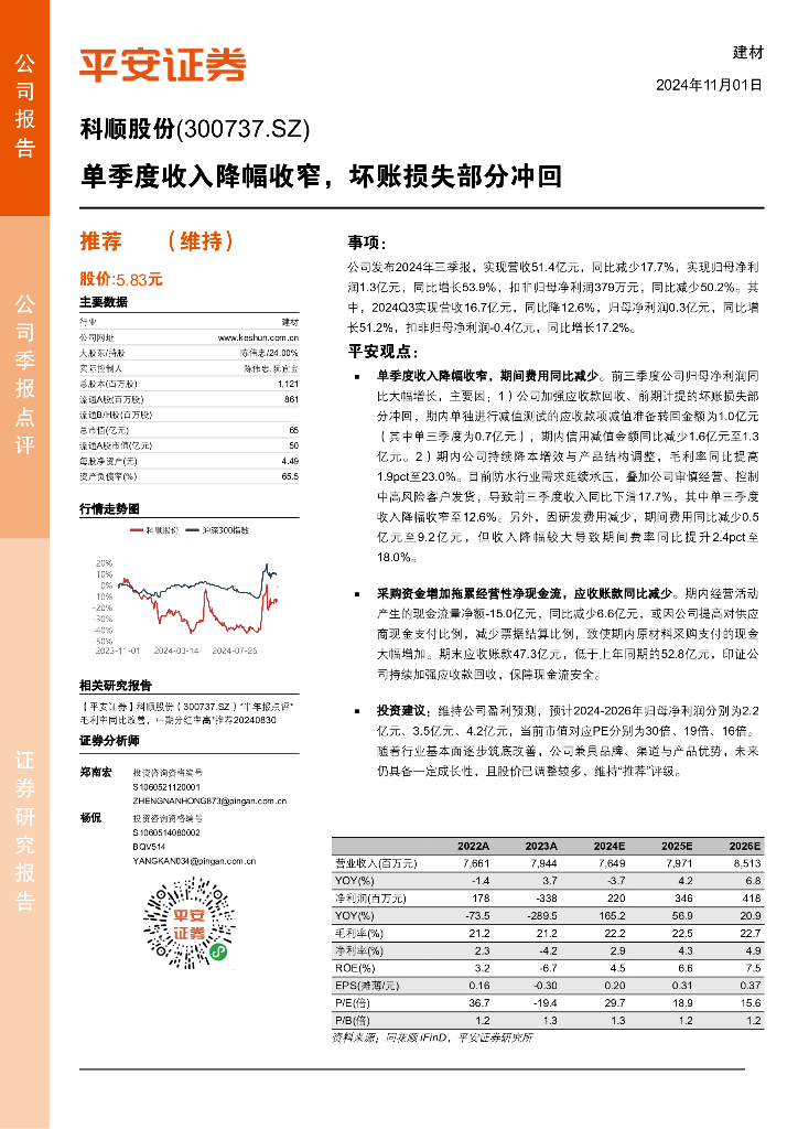 平安证券：科顺股份（300737）-单季度收入降幅收窄，坏账损失部分冲回
