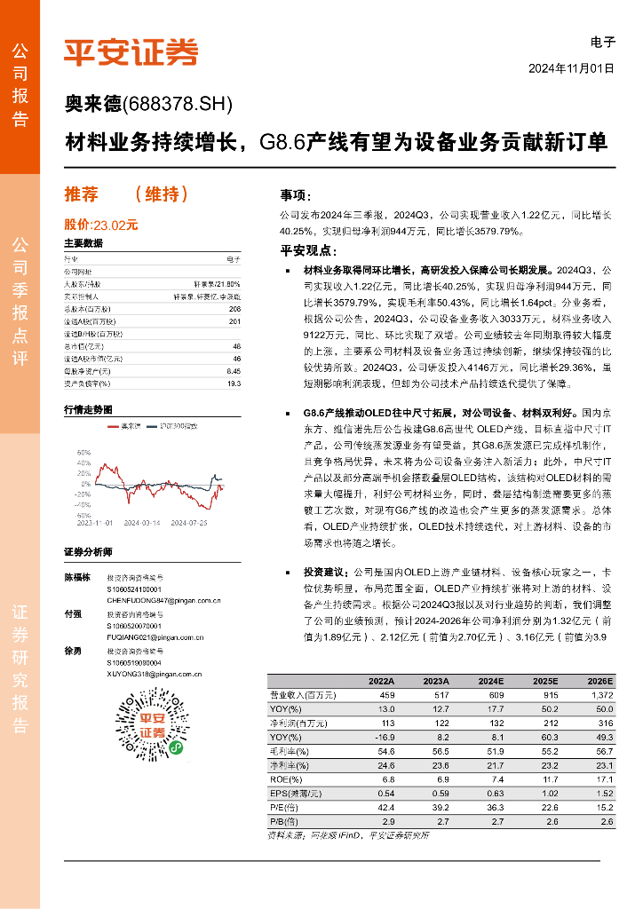 平安证券：奥来德（688378）-材料业务持续增长，G8.6产线有望为设备业务贡献新订单