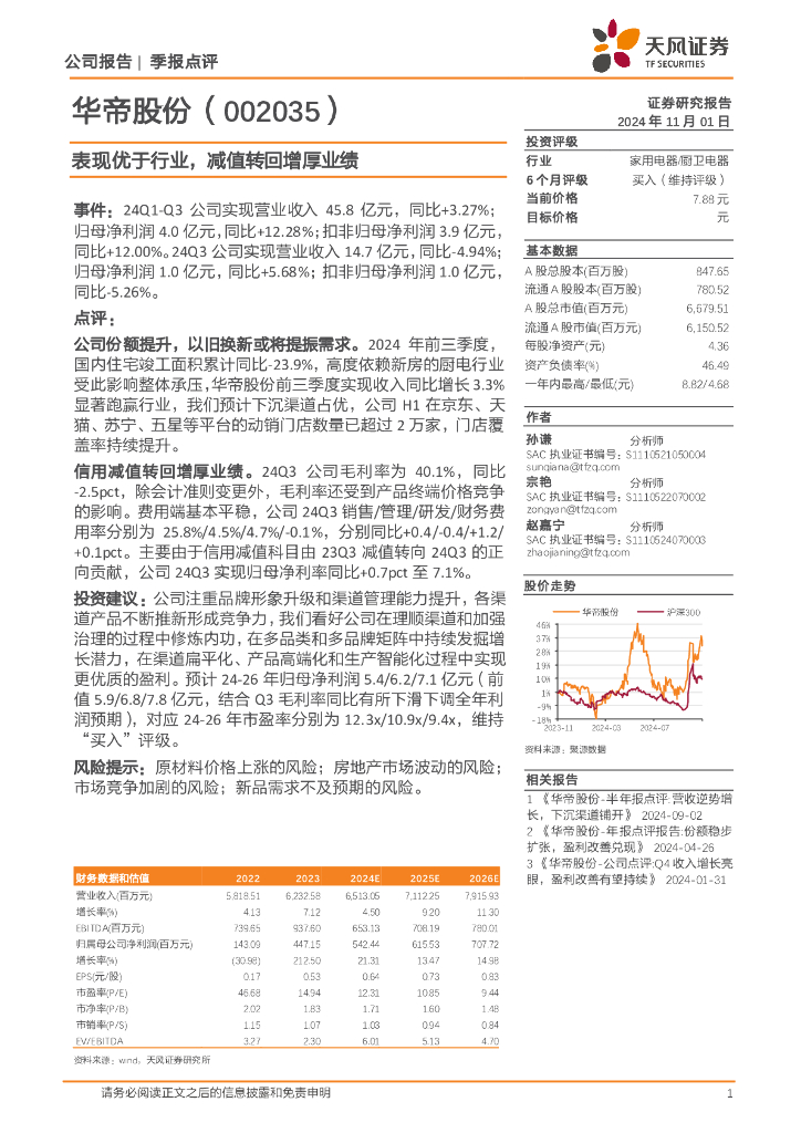 天风证券：华帝股份（002035）-表现优于行业，减值转回增厚业绩