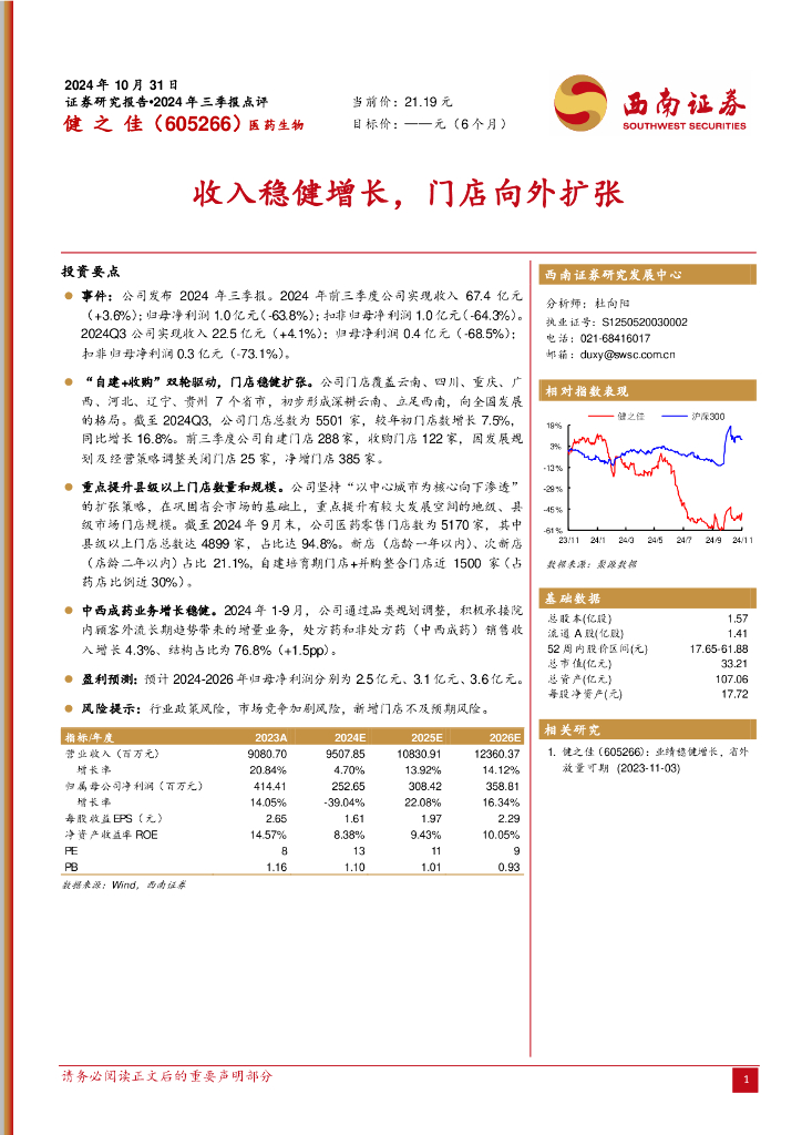 西南证券：健之佳（605266）-2024年三季报点评：收入稳健增长，门店向外扩张