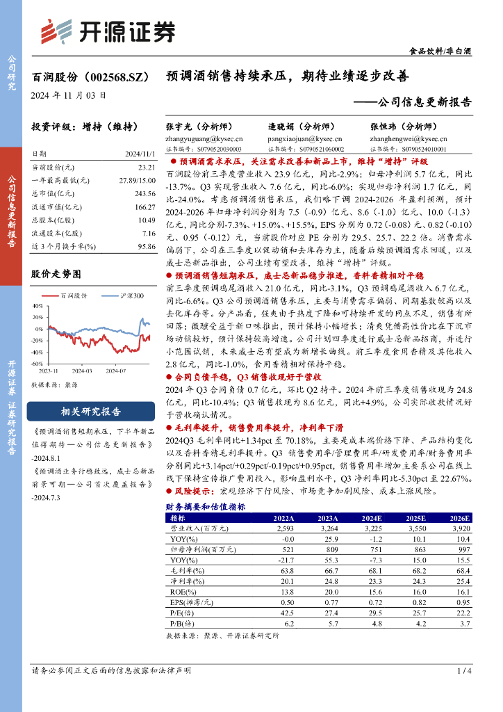 开源证券：百润股份（002568）-公司信息更新报告：预调酒销售持续承压，期待业绩逐步改善