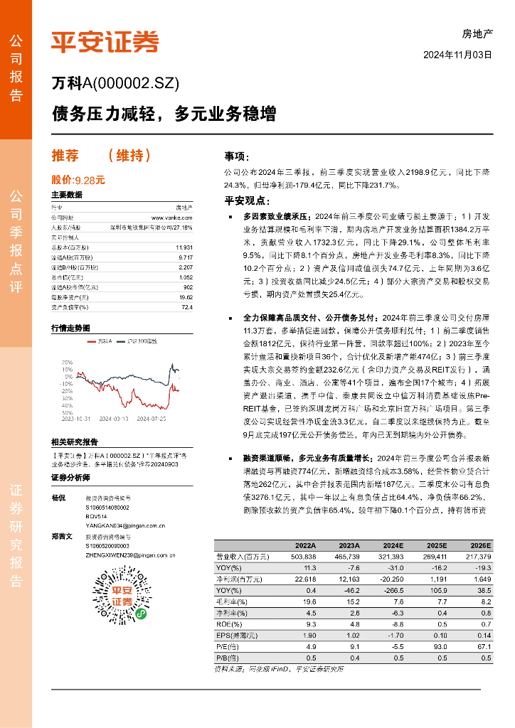 平安证券：万科A（000002）-债务压力减轻，多元业务稳增