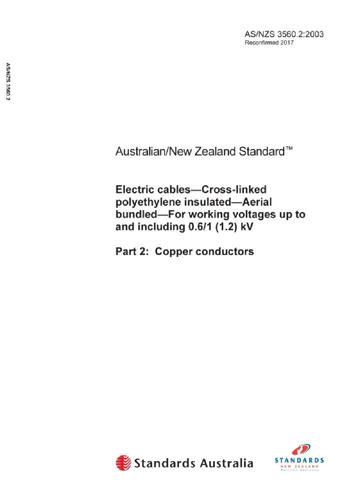 AS/NZS 3560.2:2003 工作电压0.6 1（1.2）kV及以下的交联聚乙烯绝缘架空成束电缆 第2部分：铜导体