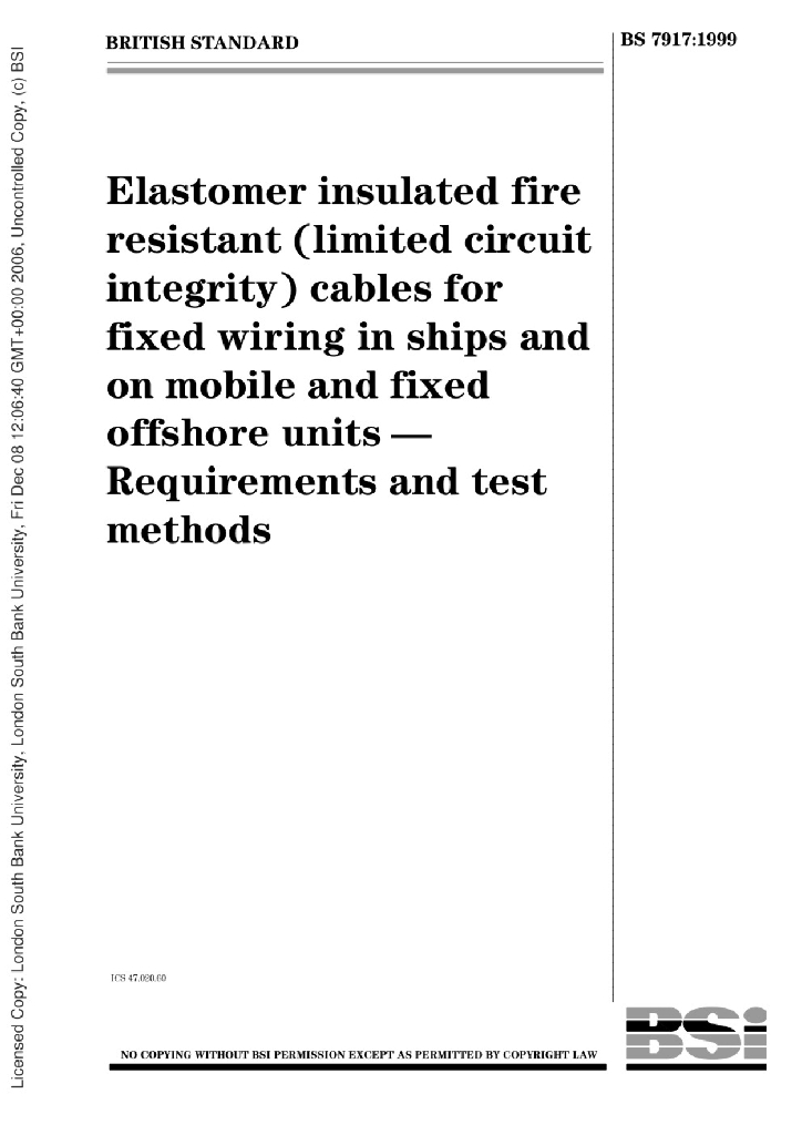 BS 7917:1999 船舶与海上载体用弹性体绝缘耐火电缆