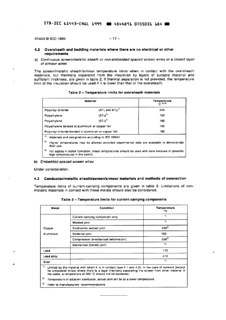 IEC 61443-1999 额定电压30kV(Um=36kV)以上电缆的短路温度极限值Short-circuit Temperature Limits of Electric Cables with rated Volta