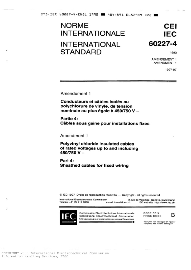 IEC 60227-4:1992+AMD1:1997 额定电压450/750V及以下聚氯乙烯绝缘电缆 第4部分 固定布线用护套电缆