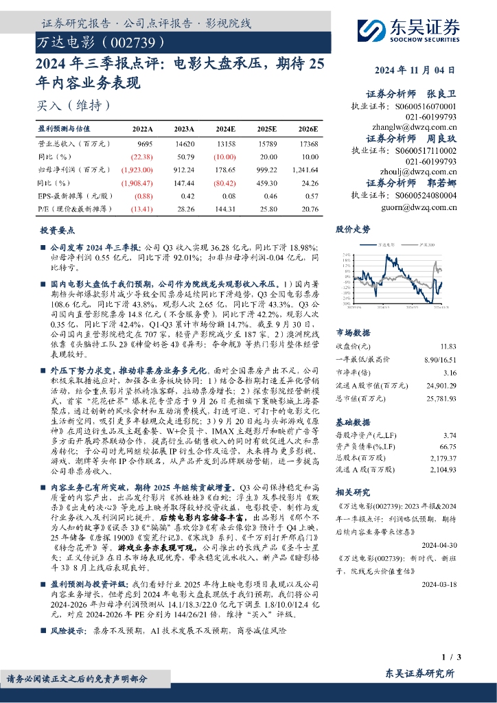 东吴证券：万达电影（002739）-2024年三季报点评：电影大盘承压，期待25年内容业务表现