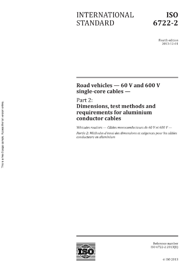 ISO 6722-2:2013 道路车辆60V和600V单芯电缆 第2部分 铝芯电缆的尺寸、试验方法和要求