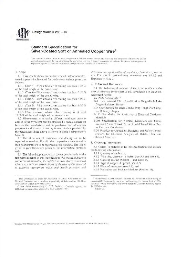 ASTM B298-07 镀银的软或退火铜线用标准规范