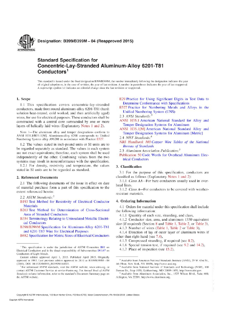 ASTM B399 美国6201铝合金绞线标准