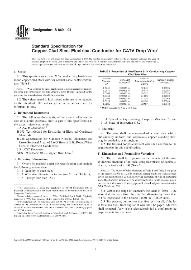 ASTM B869-2004 有线电视插线用铜包钢电导体
