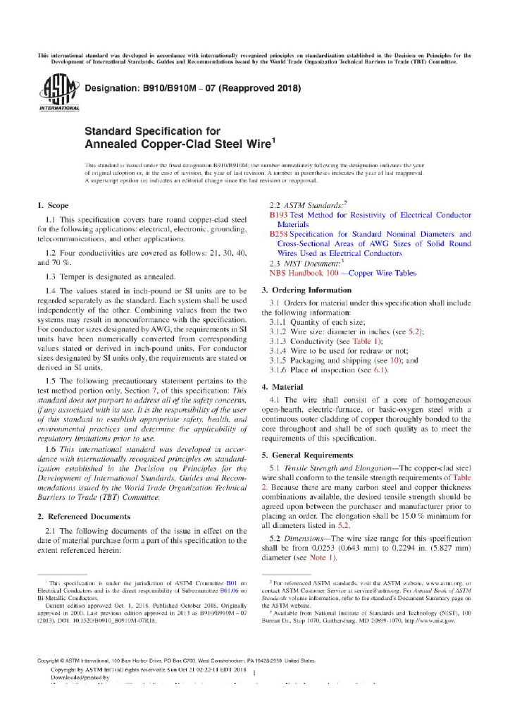 ASTM B910/B910M-07(2018)退火铜包钢丝标准规范