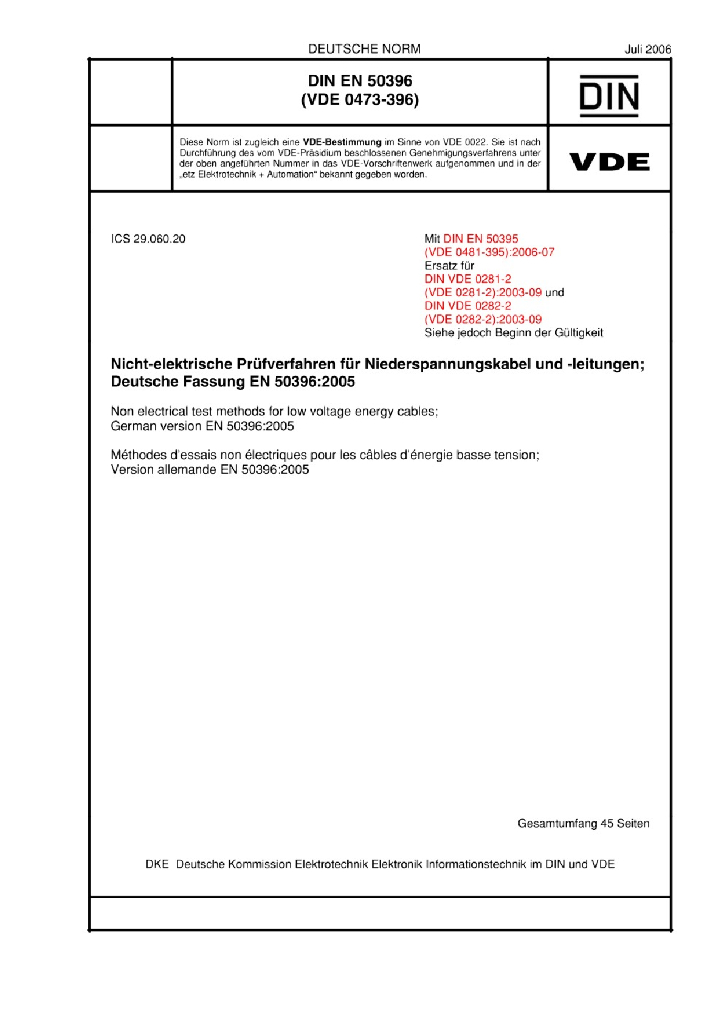 DIN VDE 0473-396:2006 低压节能电缆的非电气试验方法
