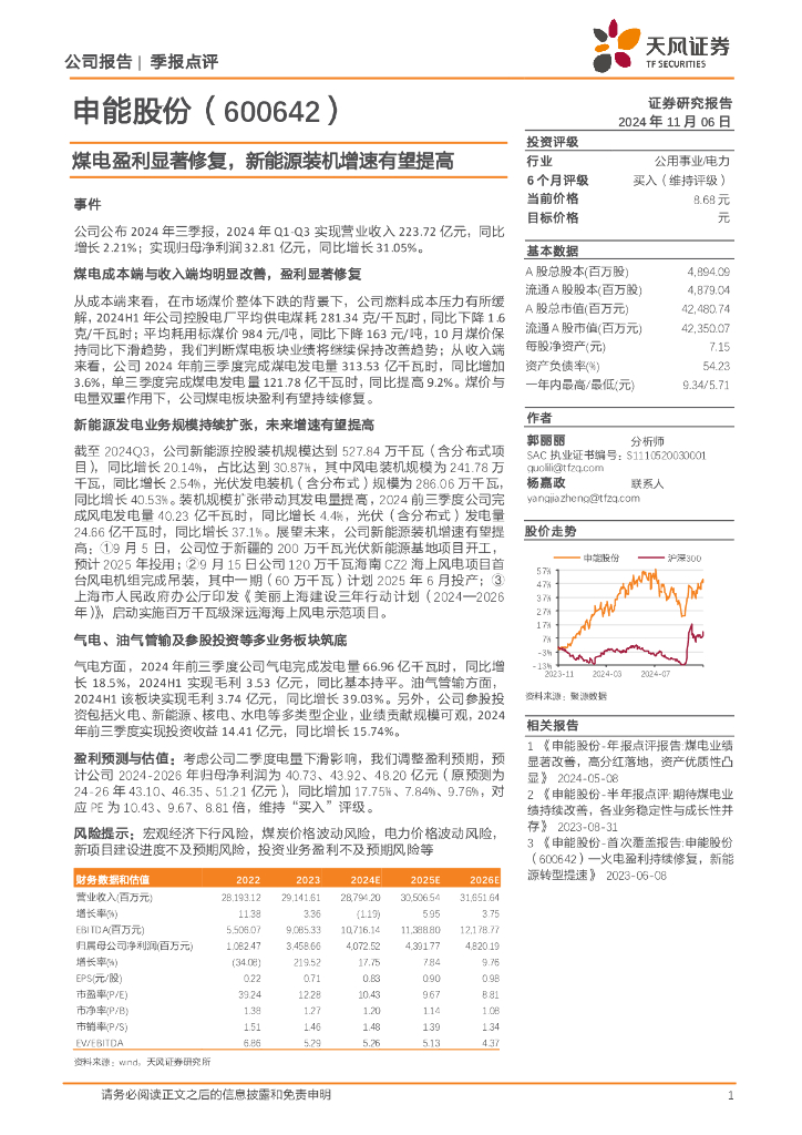 天风证券：申能股份（600642）-煤电盈利显著修复，新能源装机增速有望提高