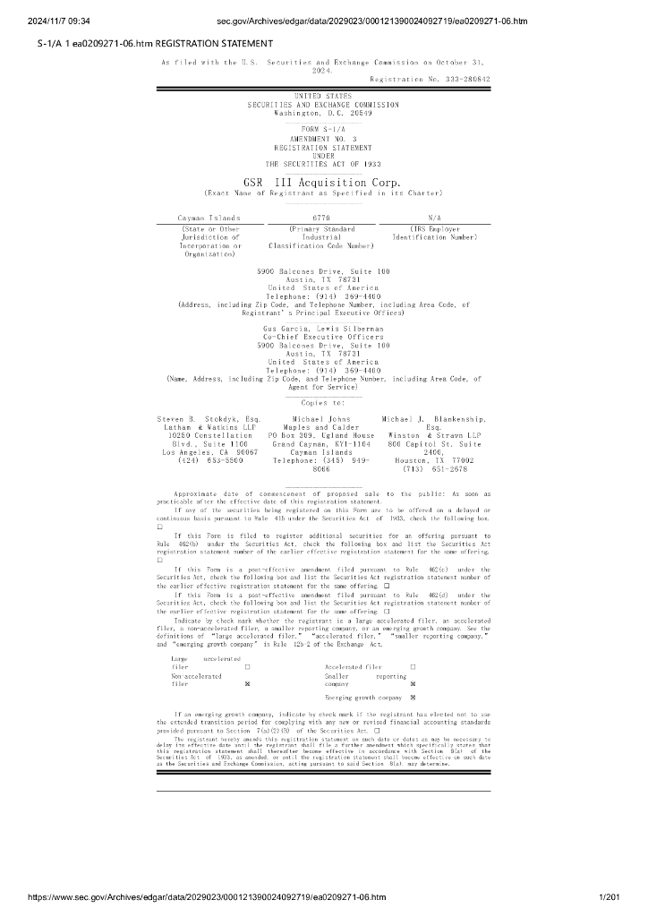 GSR III Acquisition Corp.美股纳斯达克IPO上市招股说明书